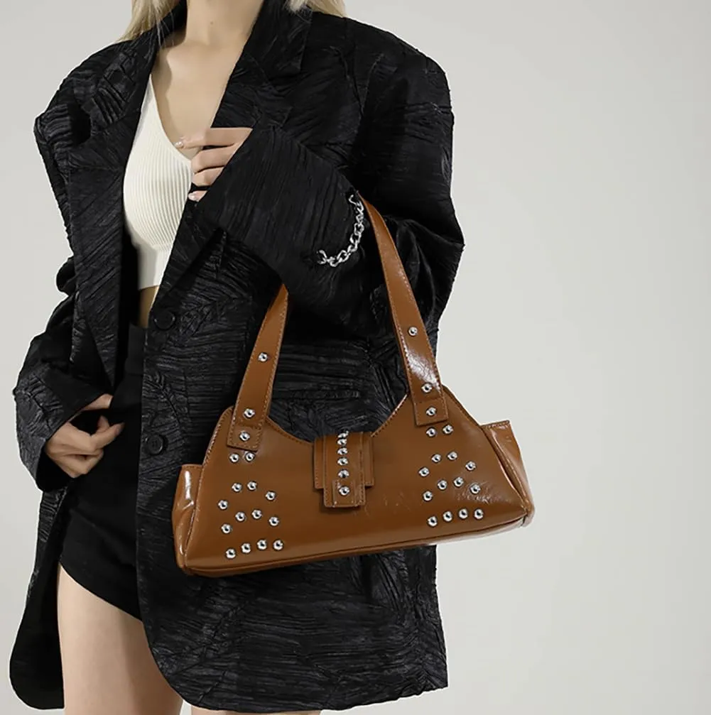Trendy Vegan Leather Shoulder Bags For Women Studded Hobo Bag For Travel Womens Y2K Underarm Purse Small Punk Tote Handbag