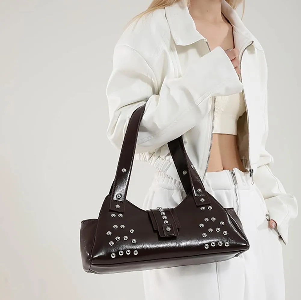 Trendy Vegan Leather Shoulder Bags For Women Studded Hobo Bag For Travel Womens Y2K Underarm Purse Small Punk Tote Handbag