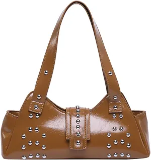 Trendy Vegan Leather Shoulder Bags For Women Studded Hobo Bag For Travel Womens Y2K Underarm Purse Small Punk Tote Handbag