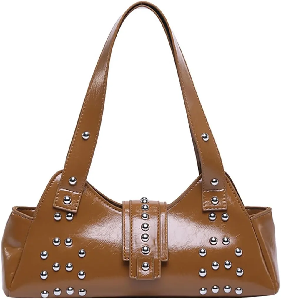 Trendy Vegan Leather Shoulder Bags For Women Studded Hobo Bag For Travel Womens Y2K Underarm Purse Small Punk Tote Handbag