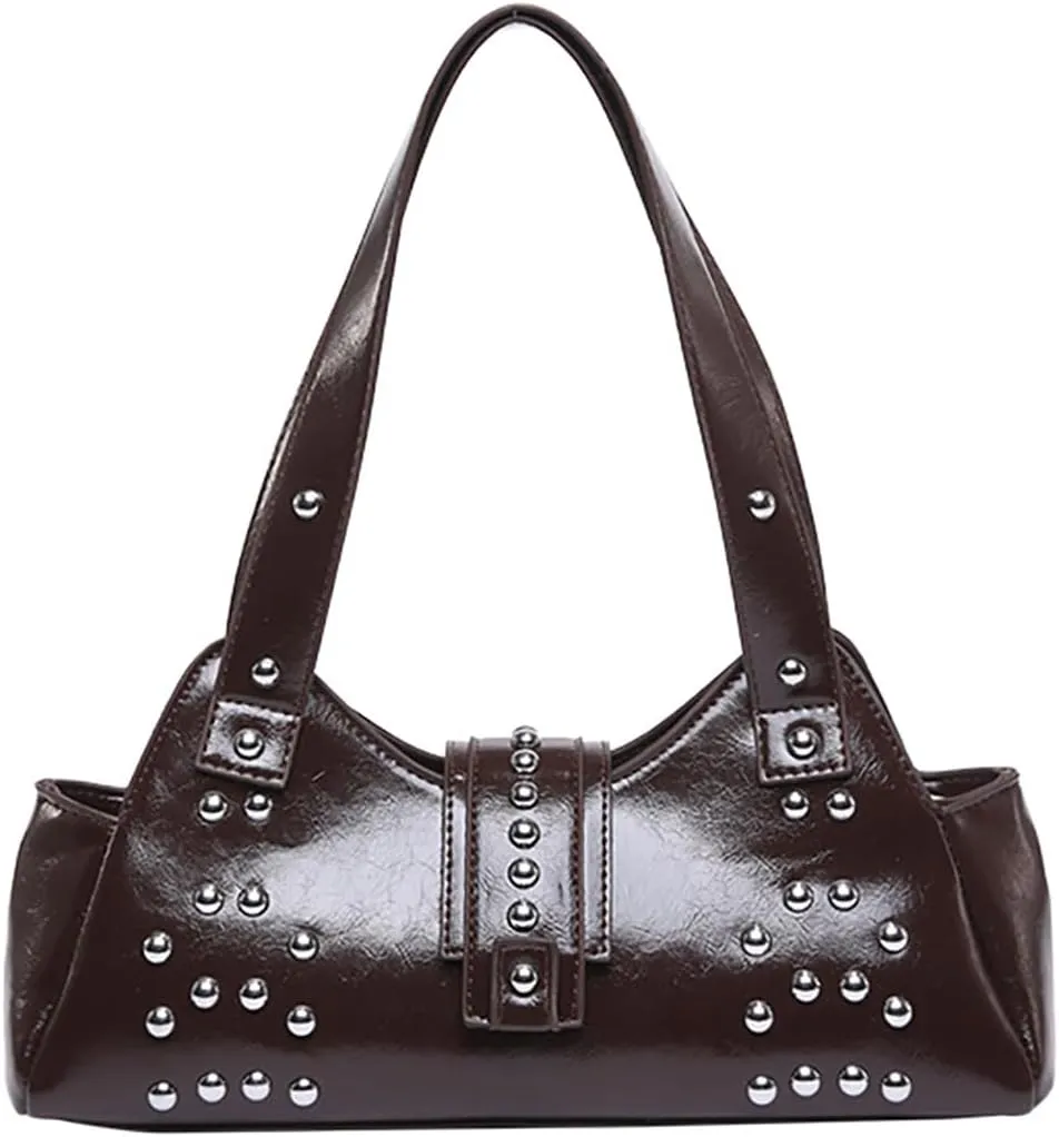 Trendy Vegan Leather Shoulder Bags For Women Studded Hobo Bag For Travel Womens Y2K Underarm Purse Small Punk Tote Handbag