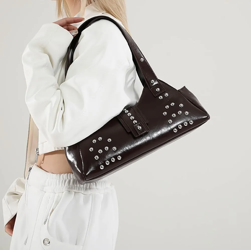 Trendy Vegan Leather Shoulder Bags For Women Studded Hobo Bag For Travel Womens Y2K Underarm Purse Small Punk Tote Handbag