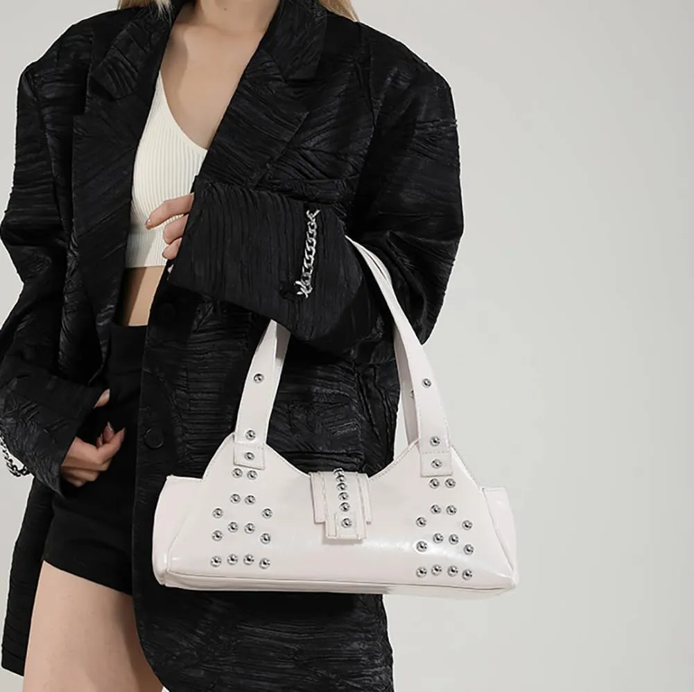 Trendy Vegan Leather Shoulder Bags For Women Studded Hobo Bag For Travel Womens Y2K Underarm Purse Small Punk Tote Handbag
