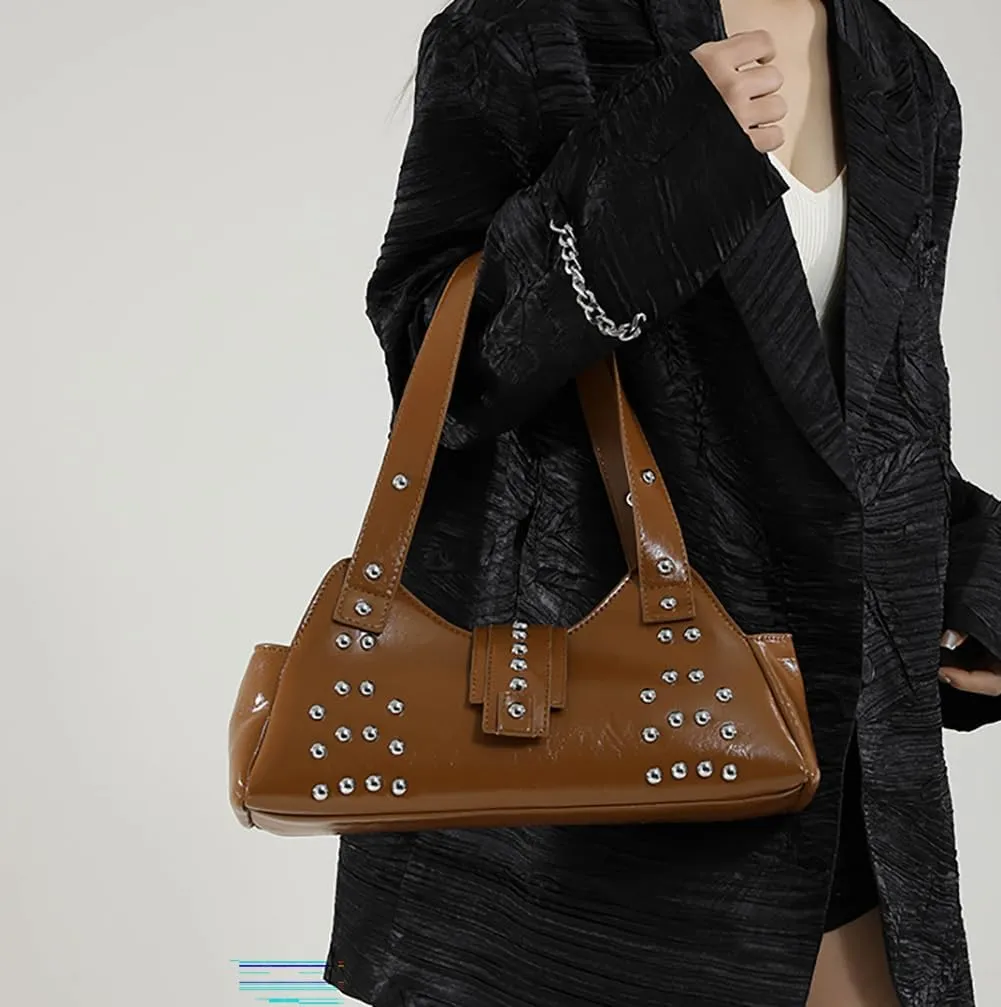 Trendy Vegan Leather Shoulder Bags For Women Studded Hobo Bag For Travel Womens Y2K Underarm Purse Small Punk Tote Handbag