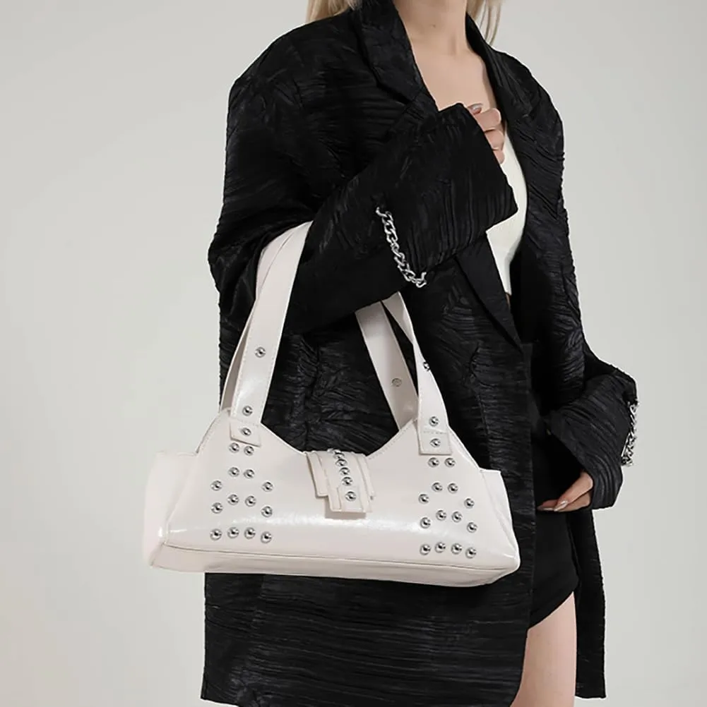 Trendy Vegan Leather Shoulder Bags For Women Studded Hobo Bag For Travel Womens Y2K Underarm Purse Small Punk Tote Handbag