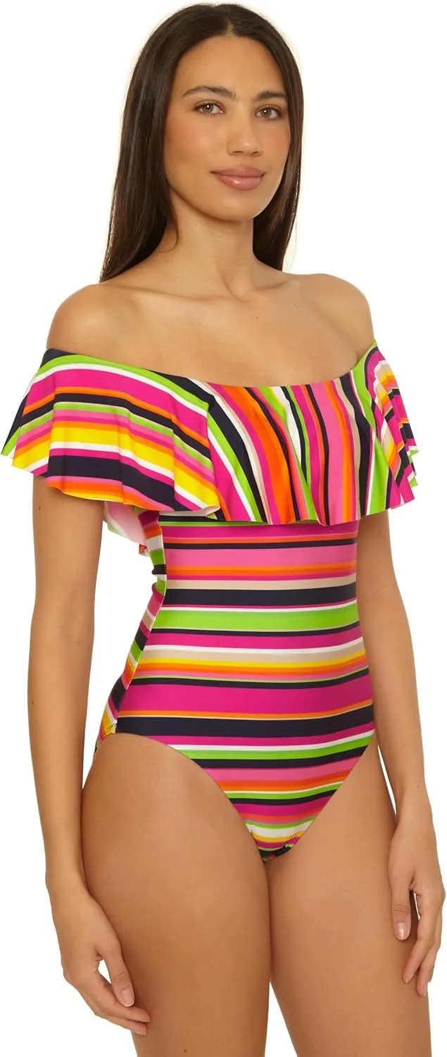 Trina Turk Women's Monaco One Piece Swimsuit, Off Shoulder, Bathing Suits