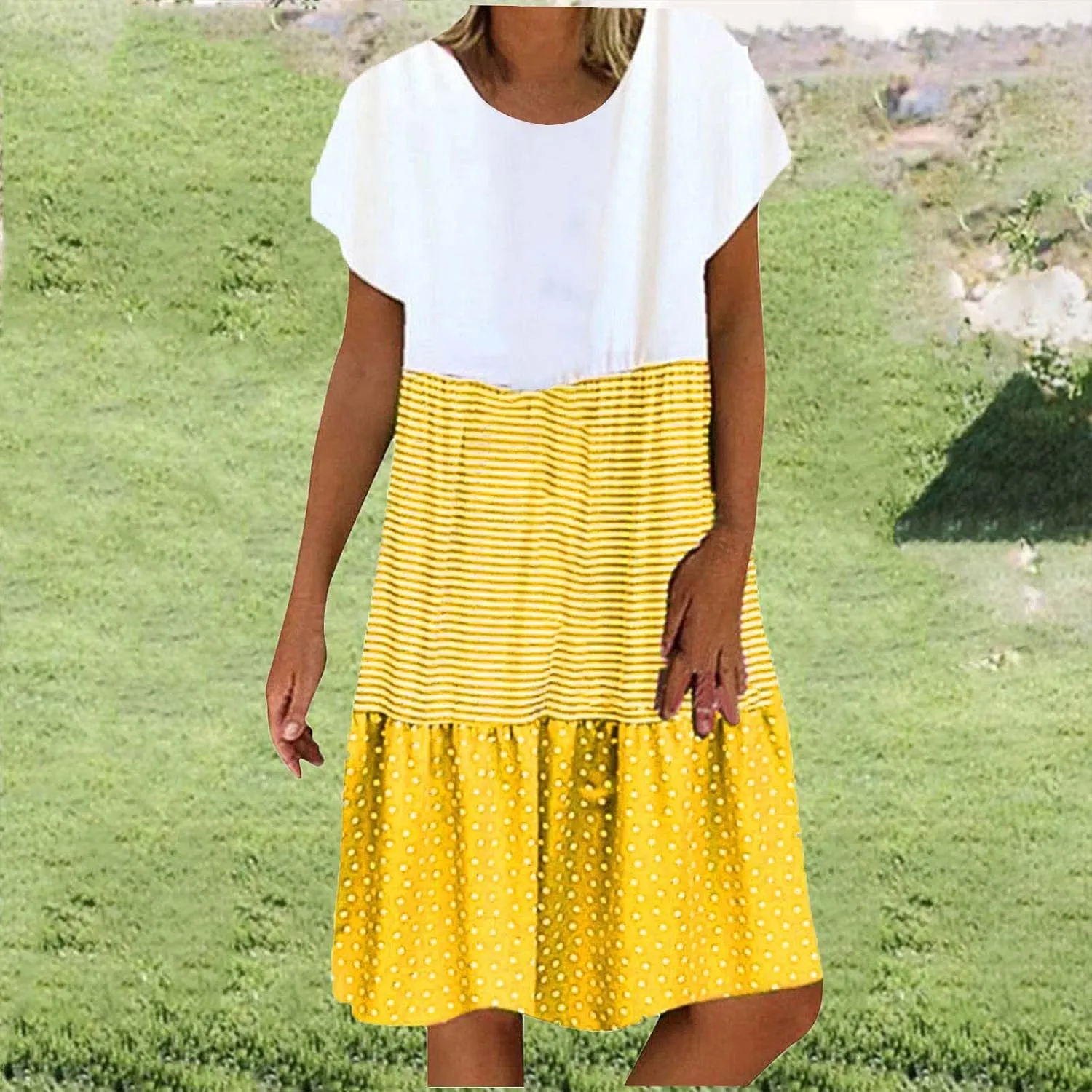 Tshirt Dresses for Women Plus Size Summer Casual Short Sleeve Dress Polka Dot Striped Patchwork Midi Dresses