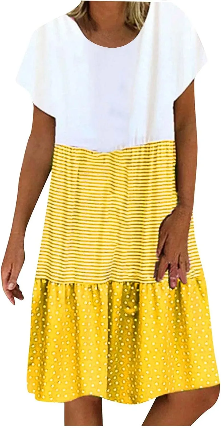 Tshirt Dresses for Women Plus Size Summer Casual Short Sleeve Dress Polka Dot Striped Patchwork Midi Dresses