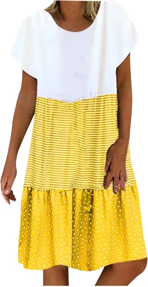 Tshirt Dresses for Women Plus Size Summer Casual Short Sleeve Dress Polka Dot Striped Patchwork Midi Dresses