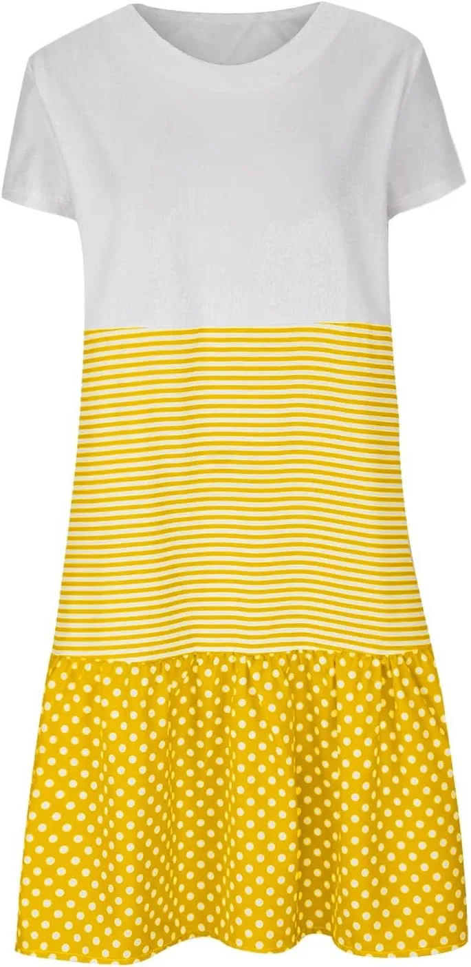 Tshirt Dresses for Women Plus Size Summer Casual Short Sleeve Dress Polka Dot Striped Patchwork Midi Dresses