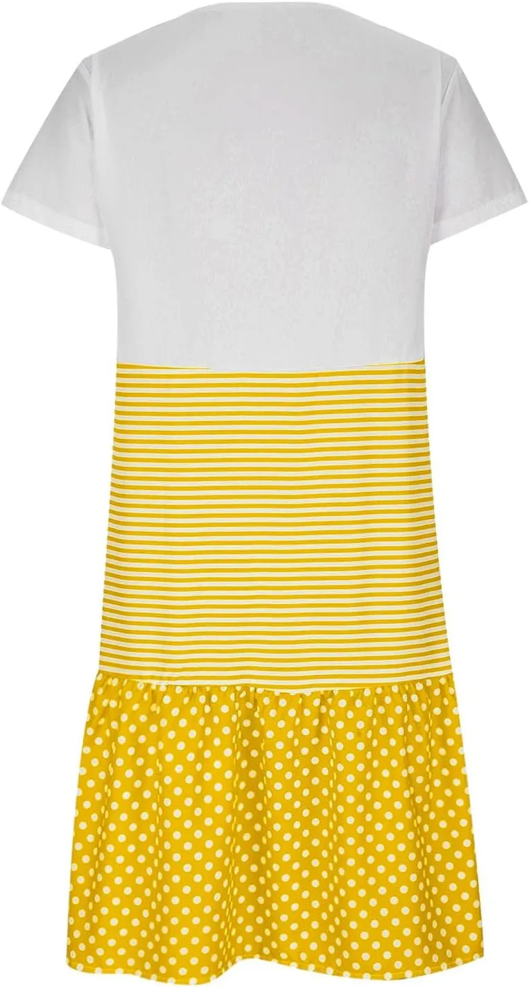 Tshirt Dresses for Women Plus Size Summer Casual Short Sleeve Dress Polka Dot Striped Patchwork Midi Dresses