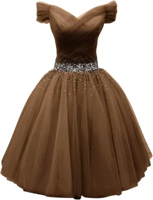 Tulle Homecoming Dresses for Teens Off Shoulder Short Prom Dresses Sparkly Beaded Cocktail Gowns