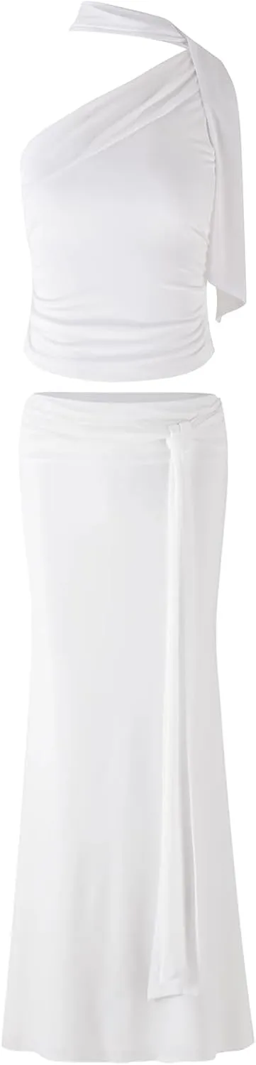 Two Piece Skirt Outfits for Women Sleeveless Crop Tops Bodycon Sexy Maxi Dress 2 Piece Summer Y2K Vacation Set