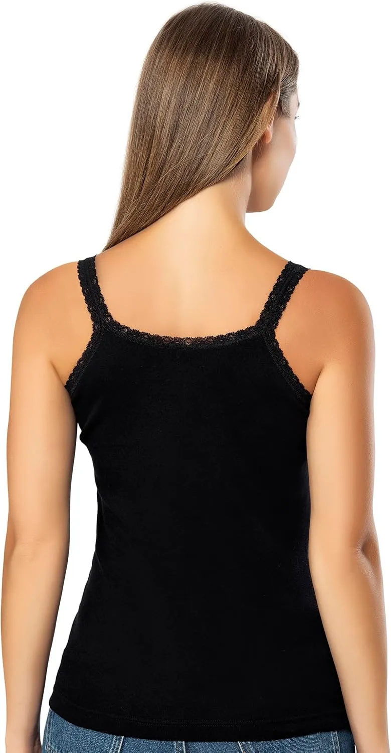 VAVONNE Lace Camisole Tops for Women, Cotton Undershirt Lace Trim Cami Tanks