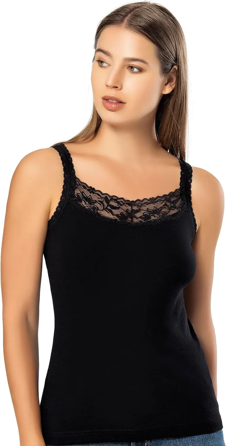 VAVONNE Lace Camisole Tops for Women, Cotton Undershirt Lace Trim Cami Tanks
