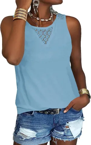 Veatzaer Women's Lace Tank Tops for Summer Crew Neck Casual Loose Fit Solid Sleeveless Shirt Lace Tanks
