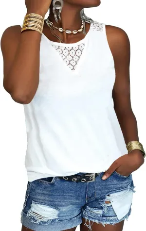 Veatzaer Women's Lace Tank Tops for Summer Crew Neck Casual Loose Fit Solid Sleeveless Shirt Lace Tanks