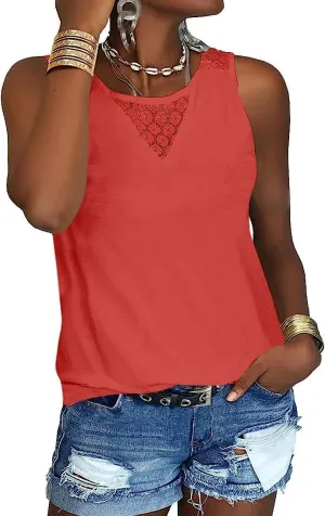 Veatzaer Women's Lace Tank Tops for Summer Crew Neck Casual Loose Fit Solid Sleeveless Shirt Lace Tanks