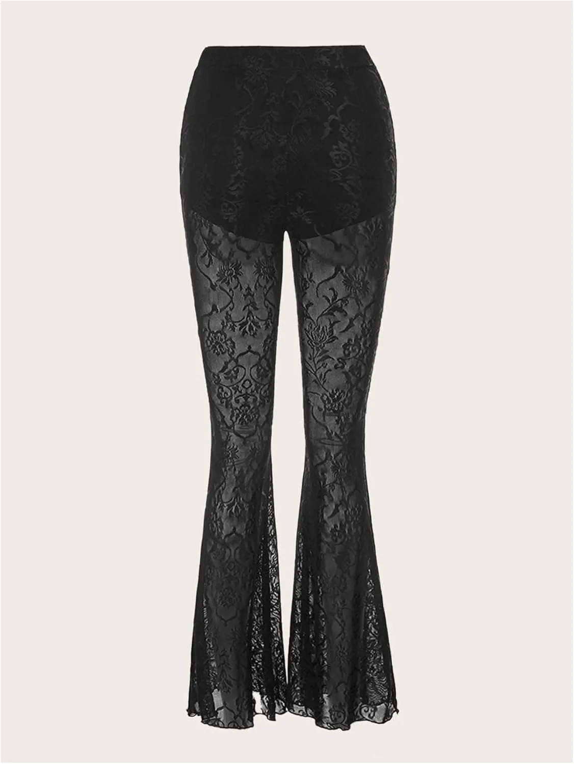 Verdusa Women's Bell Bottom Wide Leg Lace Pants Y2K Mesh Goth Flare Pants Party Clubwear