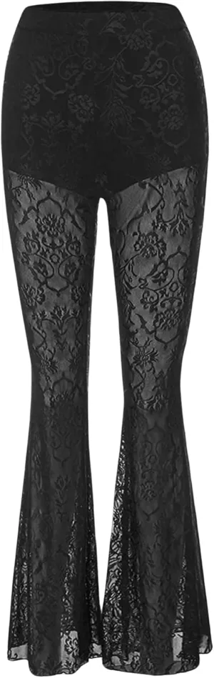 Verdusa Women's Bell Bottom Wide Leg Lace Pants Y2K Mesh Goth Flare Pants Party Clubwear
