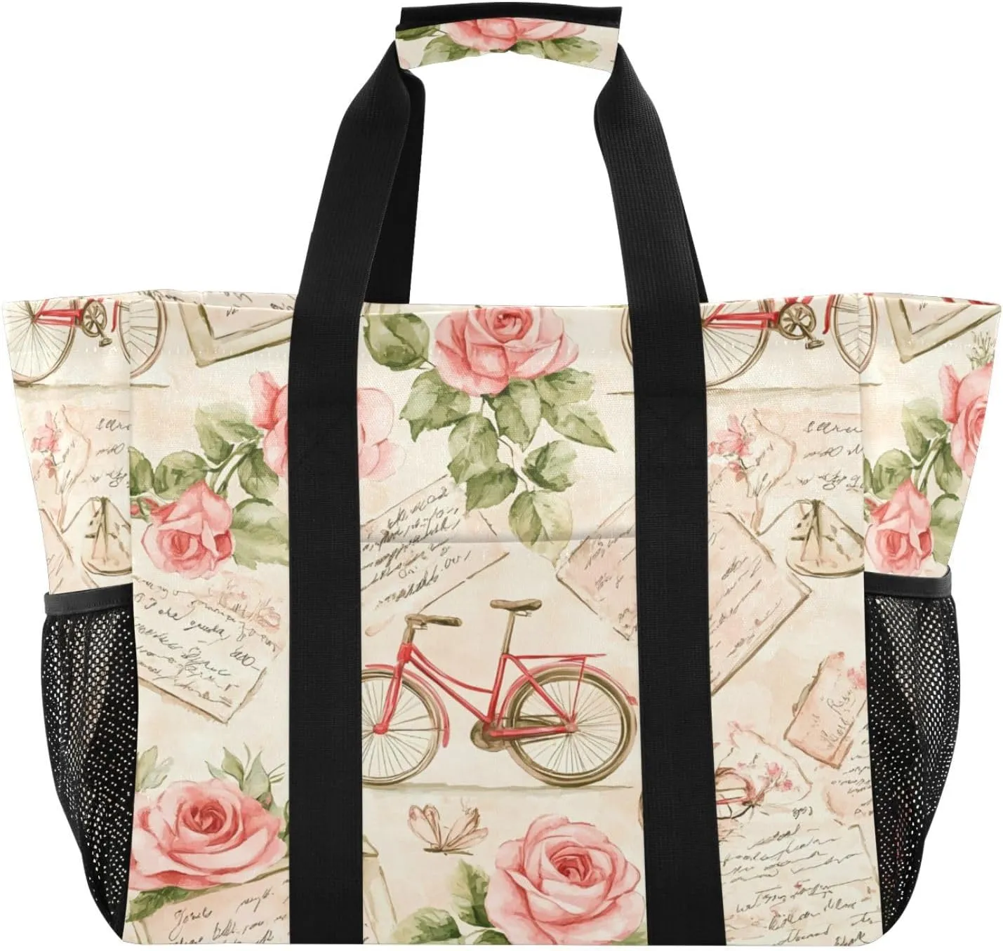 Vintage Bicycle Newspaper Pattern Large Beach Bags for Women & Men,Waterproof Sandproof Beach Tote Swim Pool Bag for Pool Gym Grocery Travel