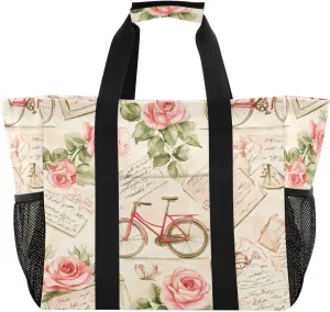 Vintage Bicycle Newspaper Pattern Large Beach Bags for Women & Men,Waterproof Sandproof Beach Tote Swim Pool Bag for Pool Gym Grocery Travel