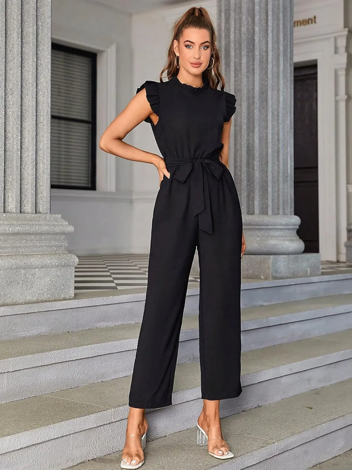WDIRARA Women's Ruffle Cap Sleeve Belted Straight Leg High Waisted Elegant Jumpsuit