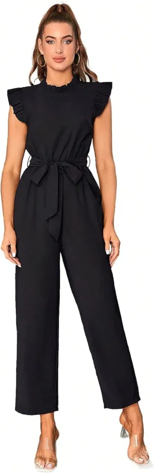 WDIRARA Women's Ruffle Cap Sleeve Belted Straight Leg High Waisted Elegant Jumpsuit