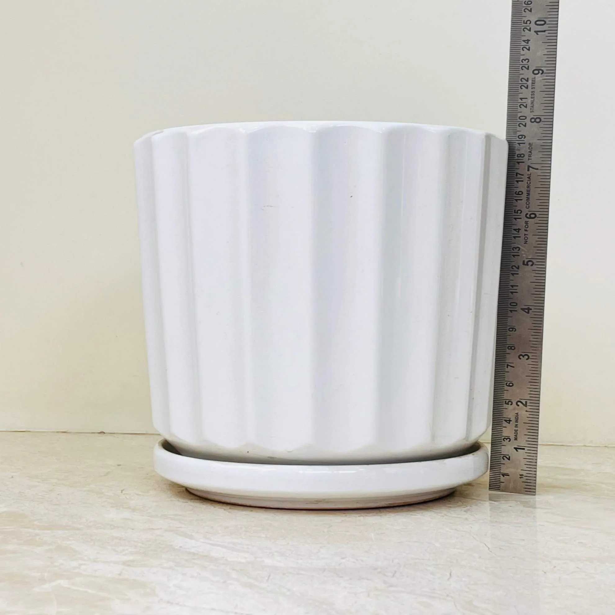 White Sculpted Ceramic Pot Set with Saucers (Set Of 3)