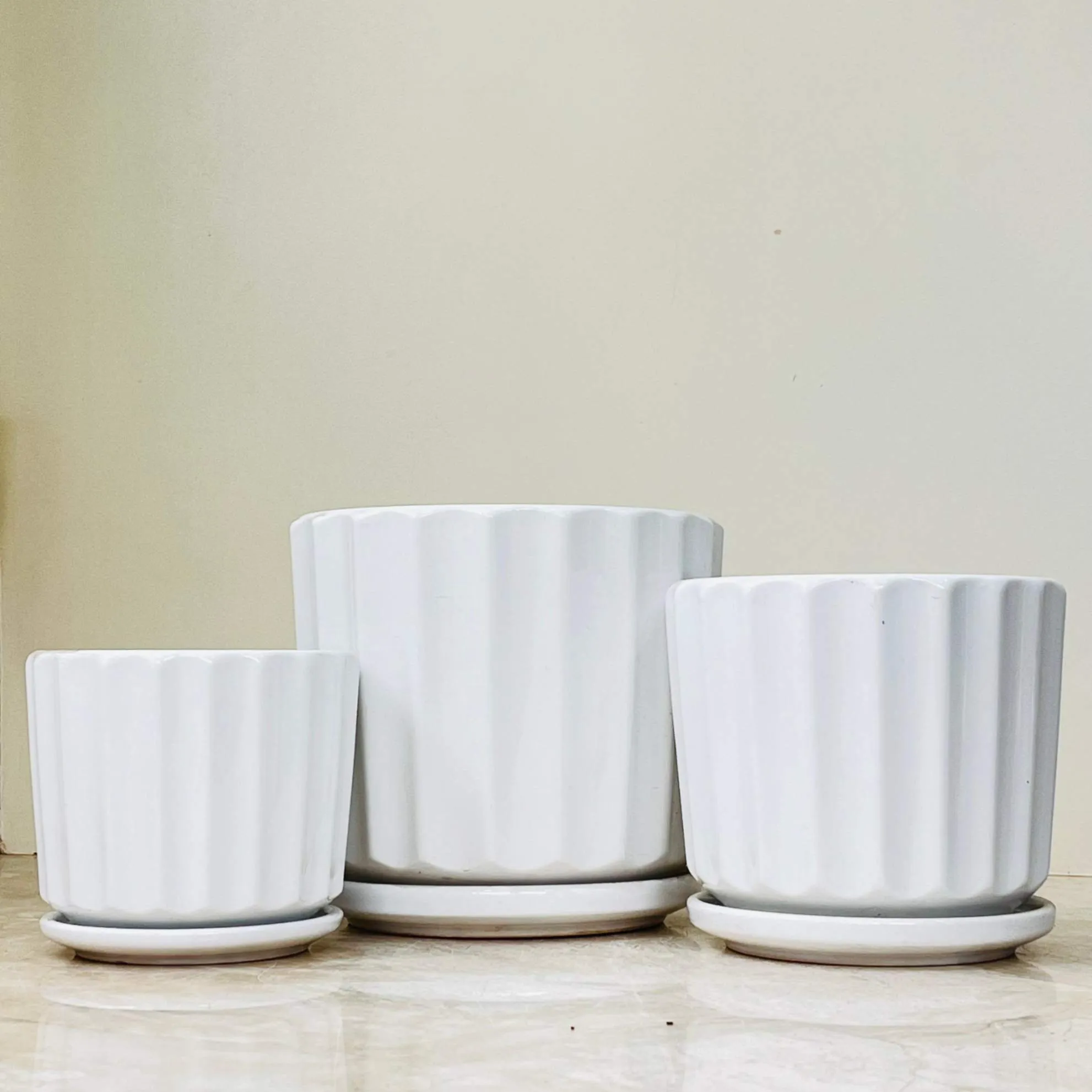 White Sculpted Ceramic Pot Set with Saucers (Set Of 3)