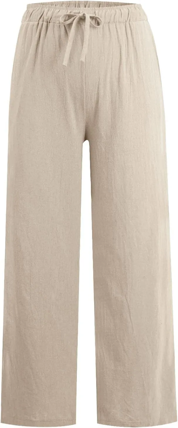 Wide Leg Linen Pants for Women Drawstring High Waisted Palazzo Pants Comfy Loose Boho Beach Trousers with Pockets