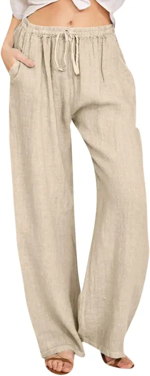Wide Leg Linen Pants for Women Drawstring High Waisted Palazzo Pants Comfy Loose Boho Beach Trousers with Pockets