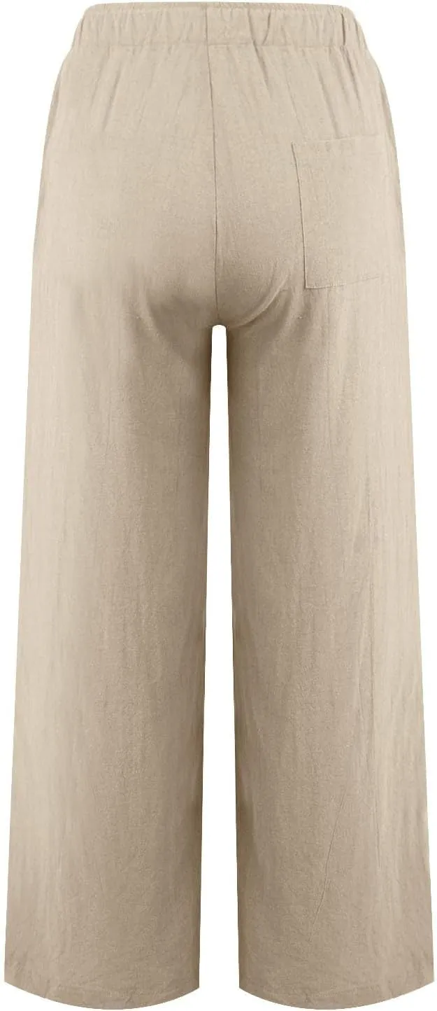 Wide Leg Linen Pants for Women Drawstring High Waisted Palazzo Pants Comfy Loose Boho Beach Trousers with Pockets