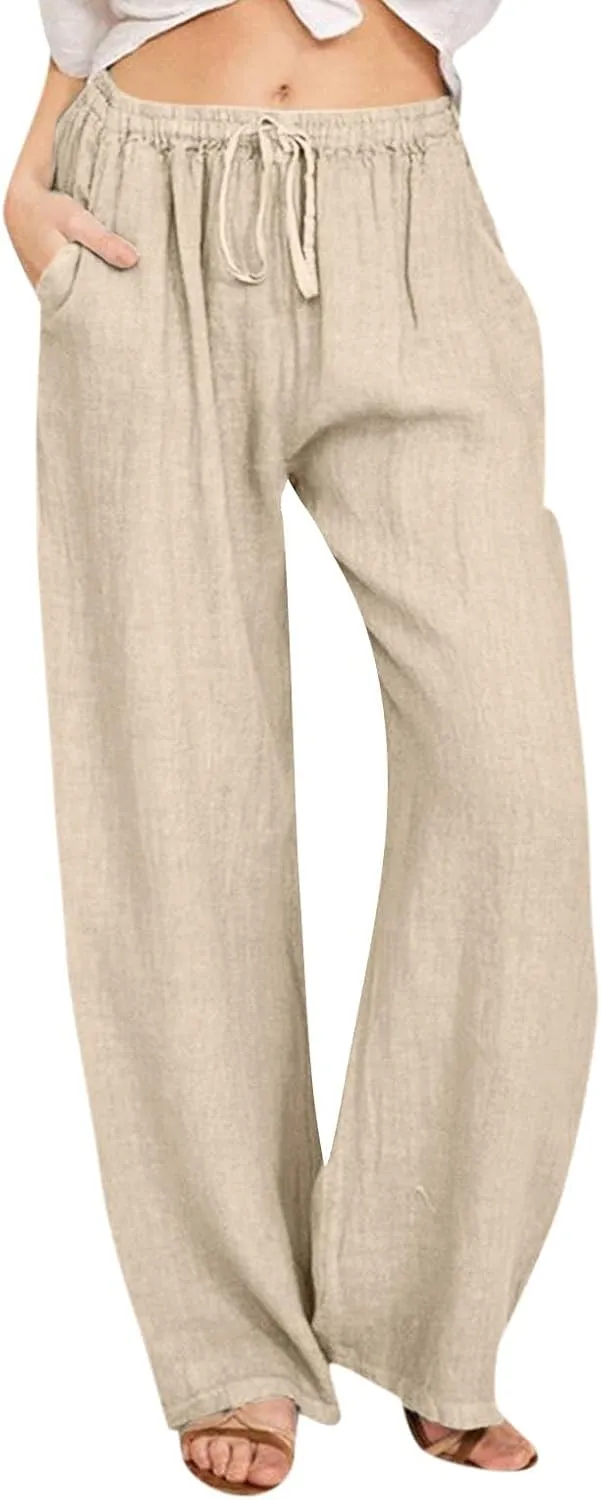 Wide Leg Linen Pants for Women Drawstring High Waisted Palazzo Pants Comfy Loose Boho Beach Trousers with Pockets