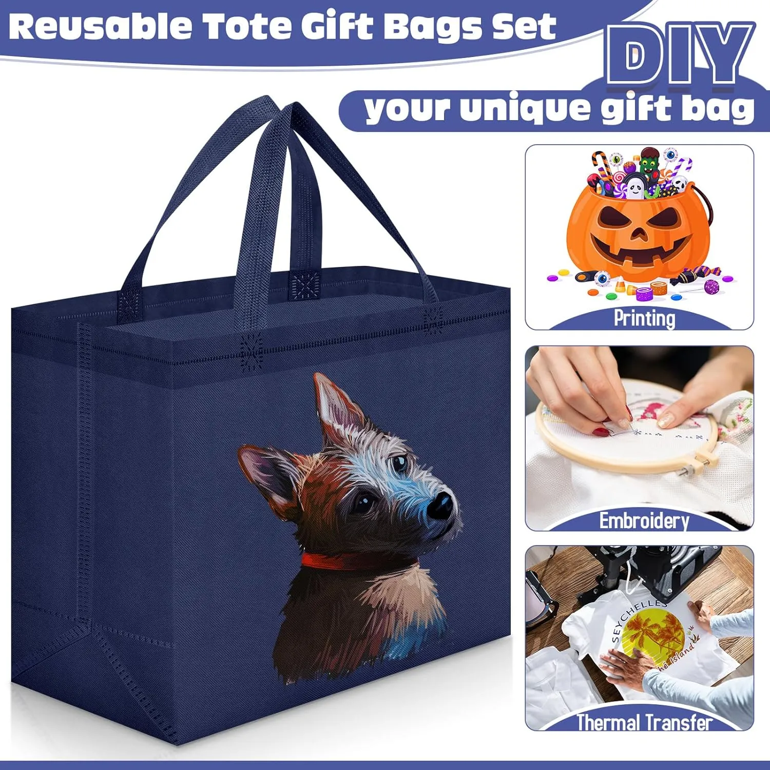 Windyun 200 Pcs Reusable Grocery Bags Large Non Woven Shopping Bags Foldable Portable Tote Carryall Bulk(Nave Blue)