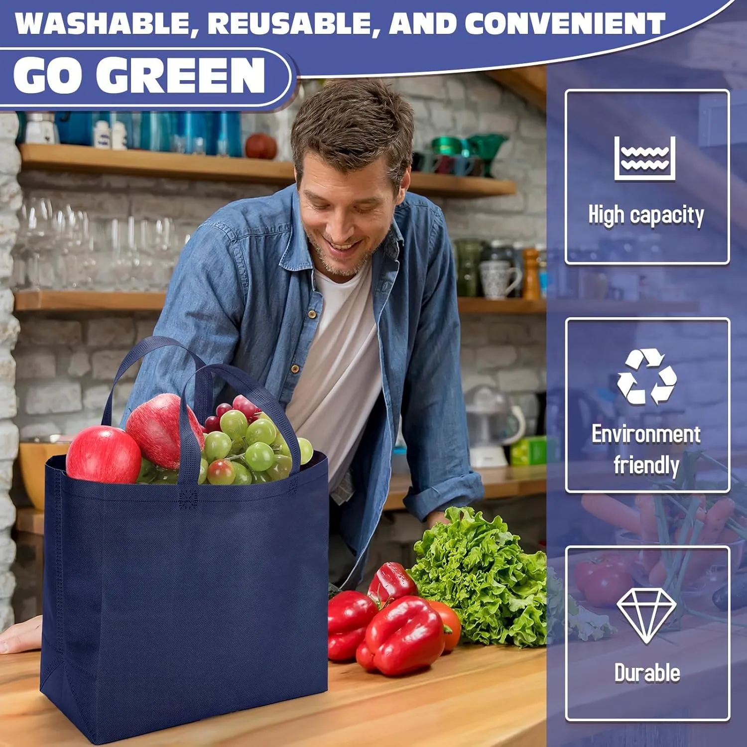 Windyun 200 Pcs Reusable Grocery Bags Large Non Woven Shopping Bags Foldable Portable Tote Carryall Bulk(Nave Blue)