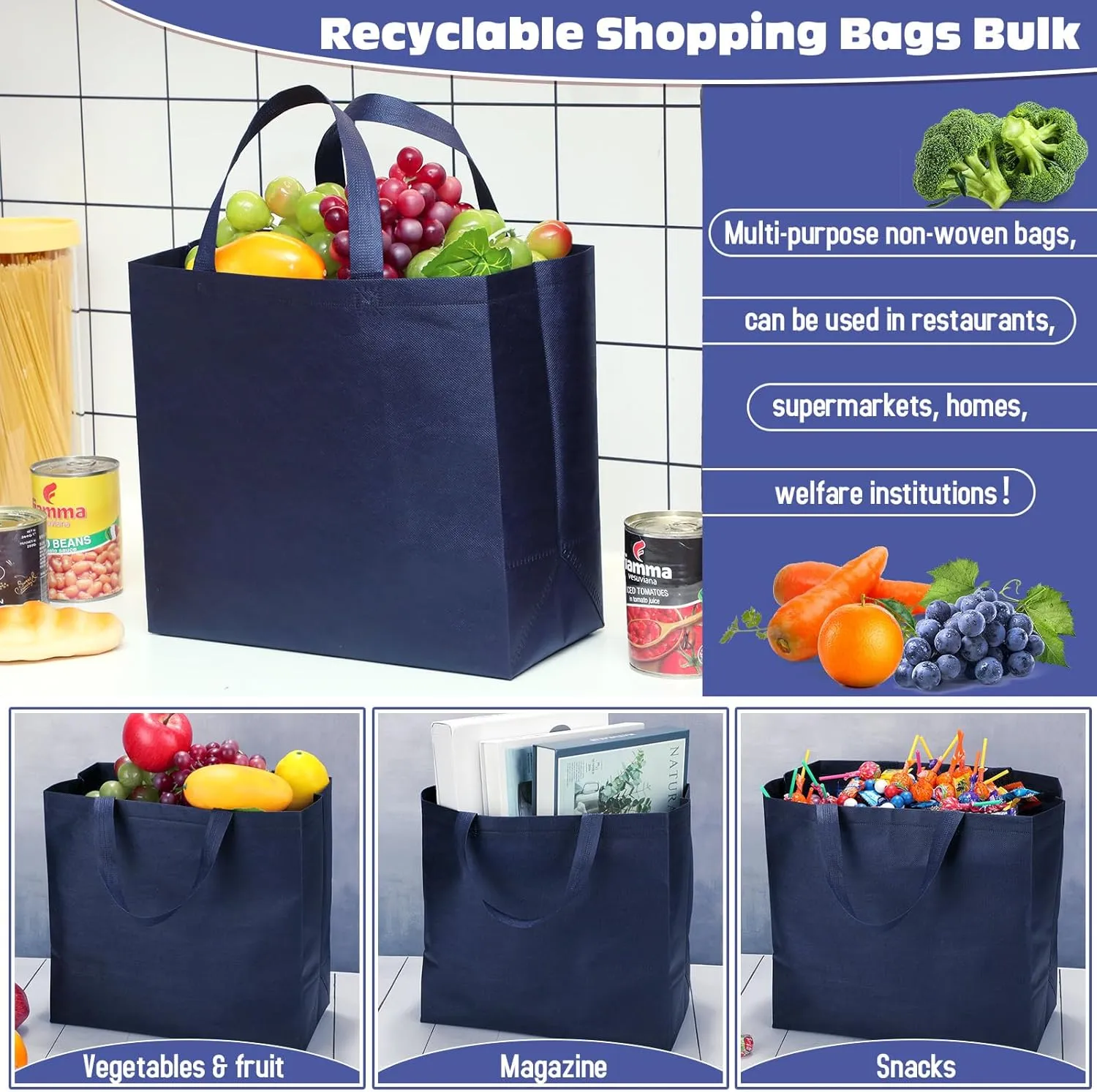 Windyun 200 Pcs Reusable Grocery Bags Large Non Woven Shopping Bags Foldable Portable Tote Carryall Bulk(Nave Blue)