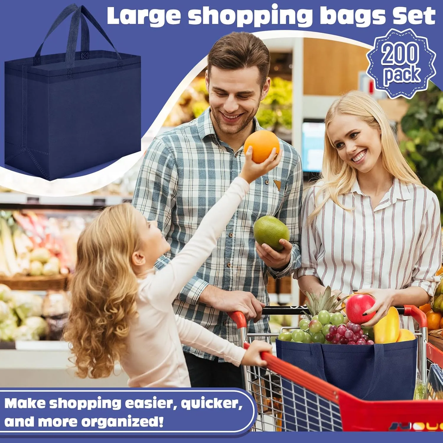 Windyun 200 Pcs Reusable Grocery Bags Large Non Woven Shopping Bags Foldable Portable Tote Carryall Bulk(Nave Blue)