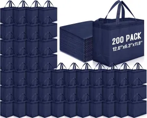 Windyun 200 Pcs Reusable Grocery Bags Large Non Woven Shopping Bags Foldable Portable Tote Carryall Bulk(Nave Blue)