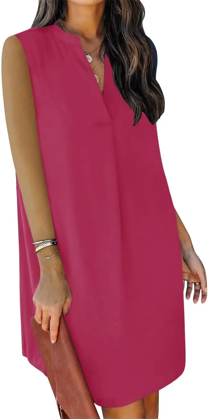 Wkior Summer Dresses for Women 2025 V Neck Sleeveless Casual Shirt Dress Shift DressesS-2XL