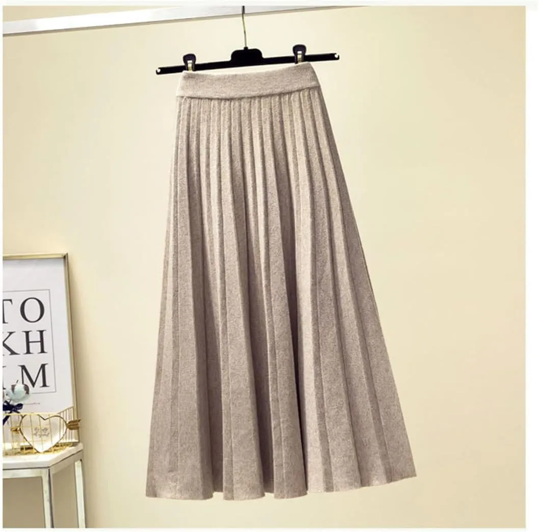 Women Autumn Winter Knitted Midi Long Pleated Skirt Blue High Waist Skirt