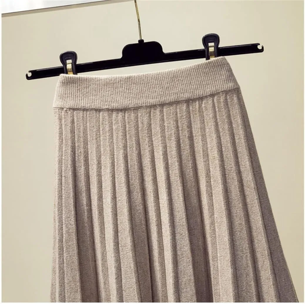 Women Autumn Winter Knitted Midi Long Pleated Skirt Blue High Waist Skirt