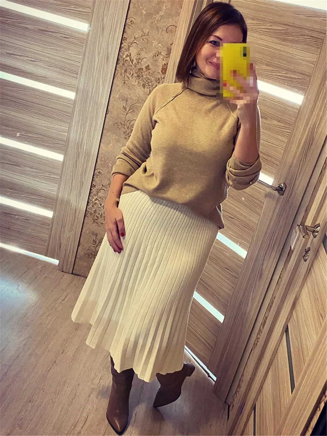 Women Autumn Winter Knitted Midi Long Pleated Skirt Blue High Waist Skirt