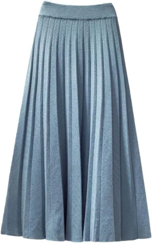 Women Autumn Winter Knitted Midi Long Pleated Skirt Blue High Waist Skirt
