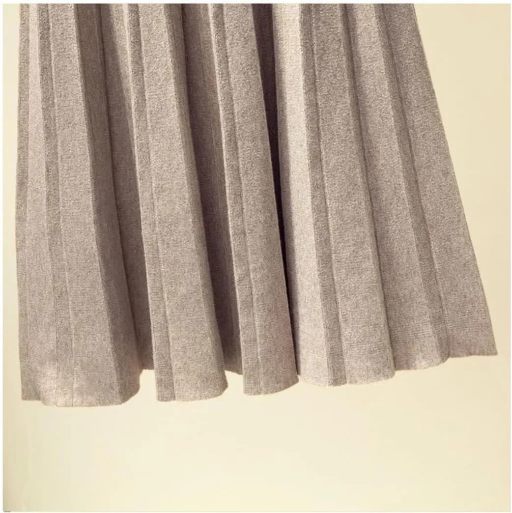 Women Autumn Winter Knitted Midi Long Pleated Skirt Blue High Waist Skirt