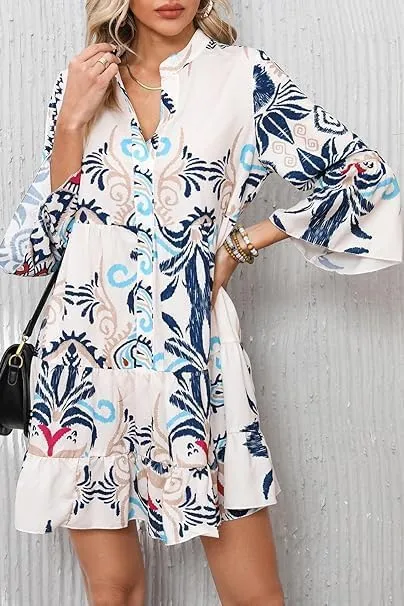 Women Boho Midi Dress Vintage Tribal Print Button Down Ruffle Sleeve Flowy Beach Dress
