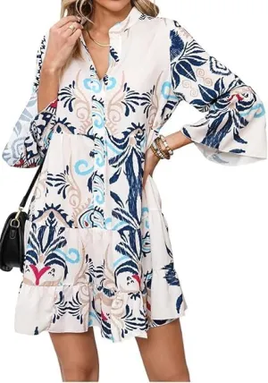 Women Boho Midi Dress Vintage Tribal Print Button Down Ruffle Sleeve Flowy Beach Dress
