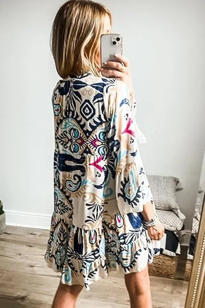 Women Boho Midi Dress Vintage Tribal Print Button Down Ruffle Sleeve Flowy Beach Dress