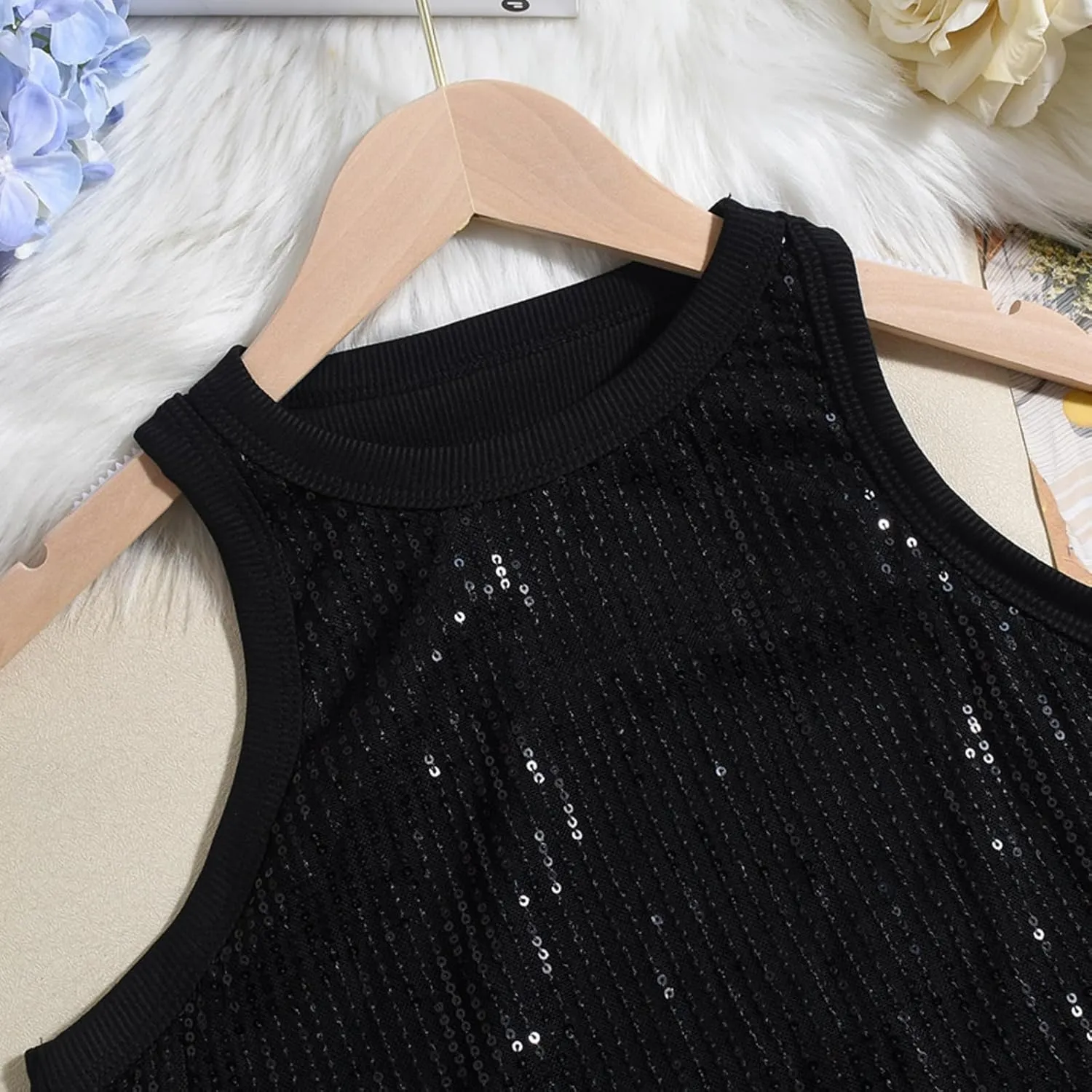 Women Casual Sleeveless Sequin Sparkle Tank Tops Sexy Fashion O Neck Glitter Camisole Vest