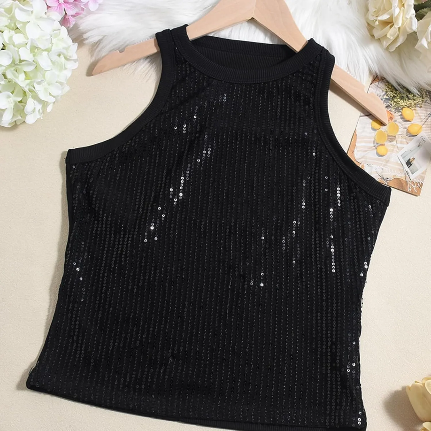 Women Casual Sleeveless Sequin Sparkle Tank Tops Sexy Fashion O Neck Glitter Camisole Vest